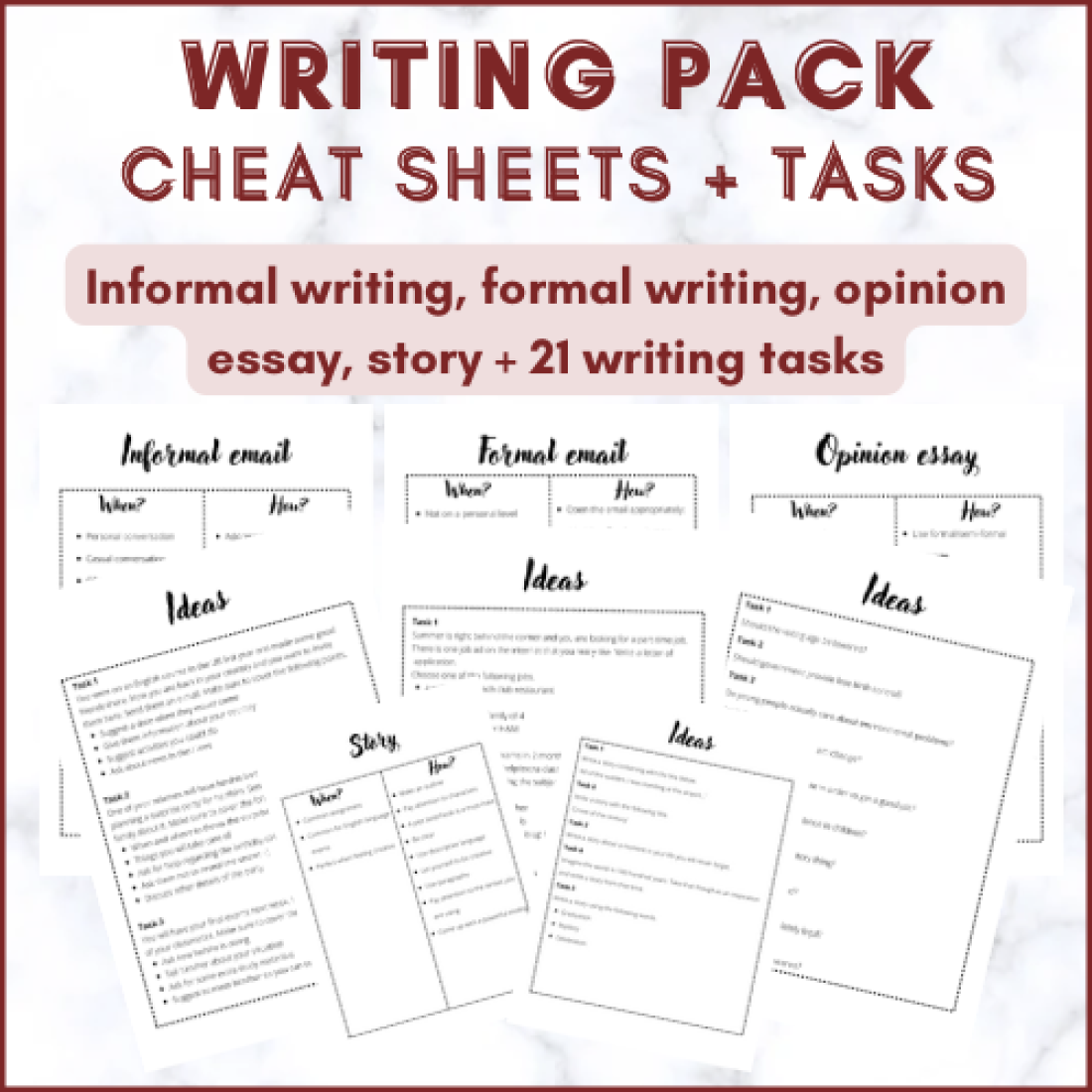 Writing cheat sheets + 21 tasks (Formal, Informal, Essays, Story ...
