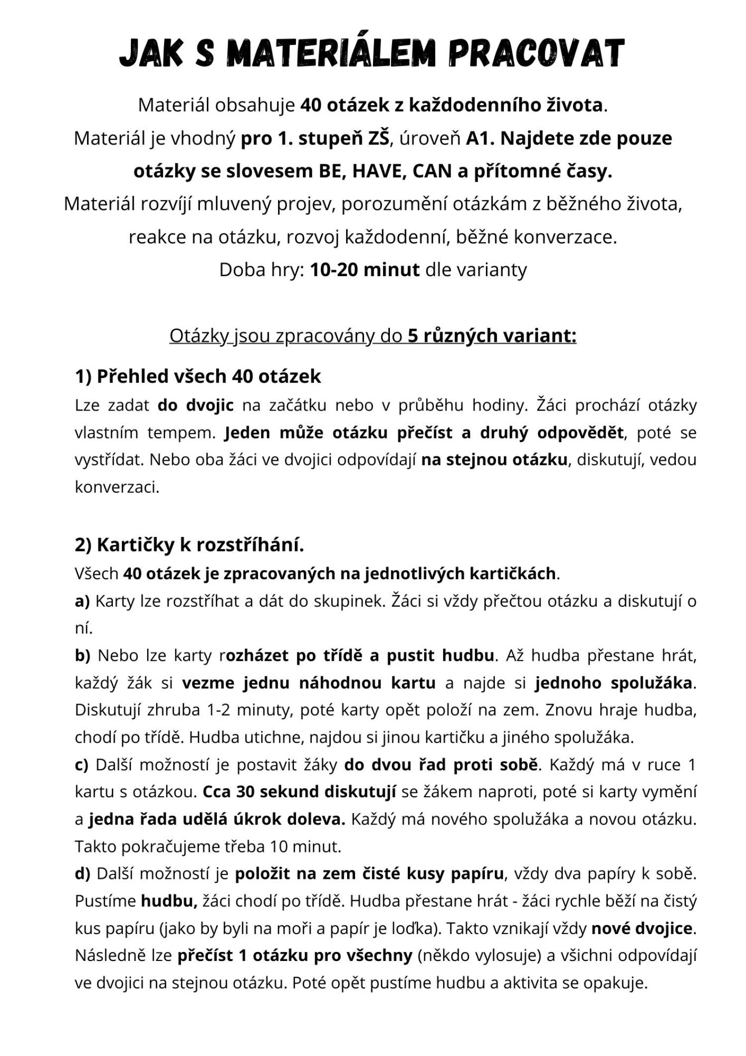 Speaking questions - level A1 | Učitelnice